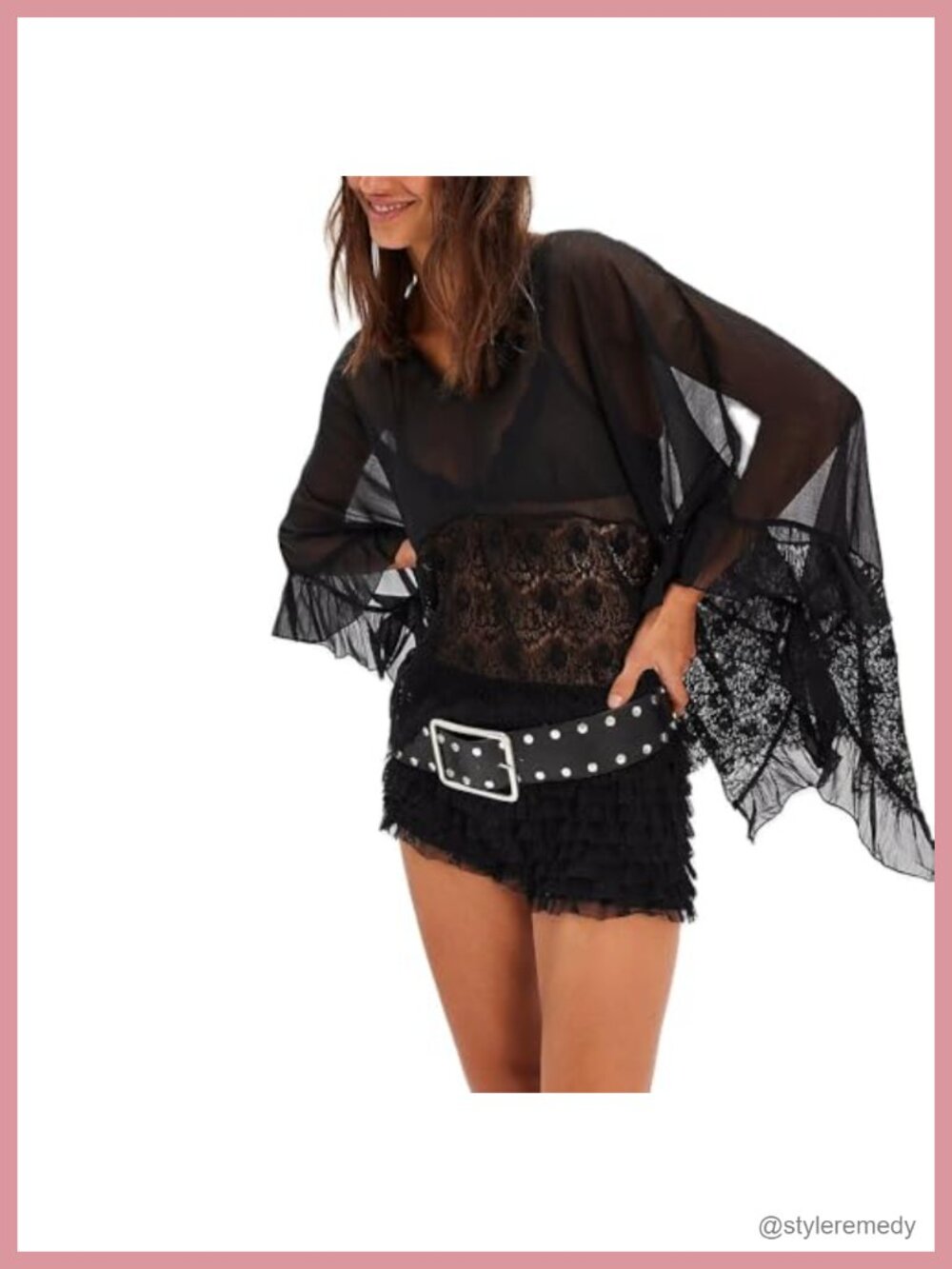 Sheer Lace Poncho Top Y2K Batwing Sleeve Beach Cover Up Blouse